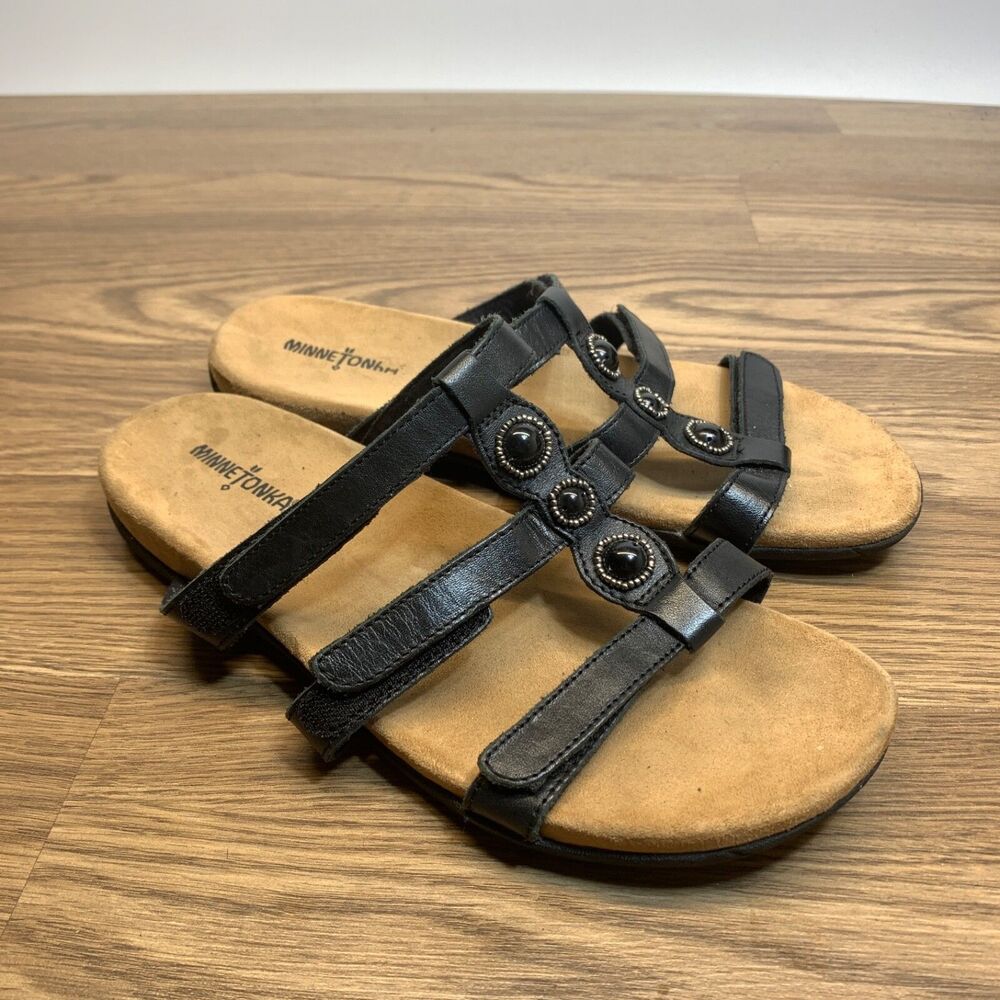 Minnetonka Sandals Womens 11 Slide Black Leather Slip On Comfort Casual Open Toe